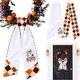 Yinder 2 Pcs Halloween Wreath Sash for Front Door, Boo Ghost | Halloween Decor with Ghost, Black Orange Plaid, Ric Rac Trim, Garland Ribbon Accessories for Spooky Party, Fall Home Decor