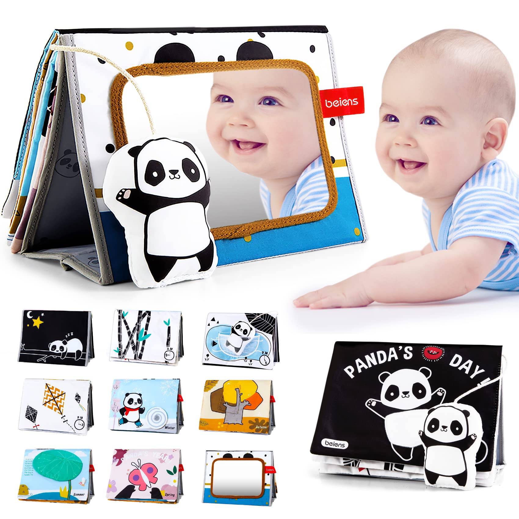 beiens Tummy Time Mirror Toys for Babies, Panda High Contrast Black and White Books, Touch and Feel Non-Toxic Crinkle Cloth Baby Books, Activity Development Floor Toys for Newborn/Infants 0-12 Months