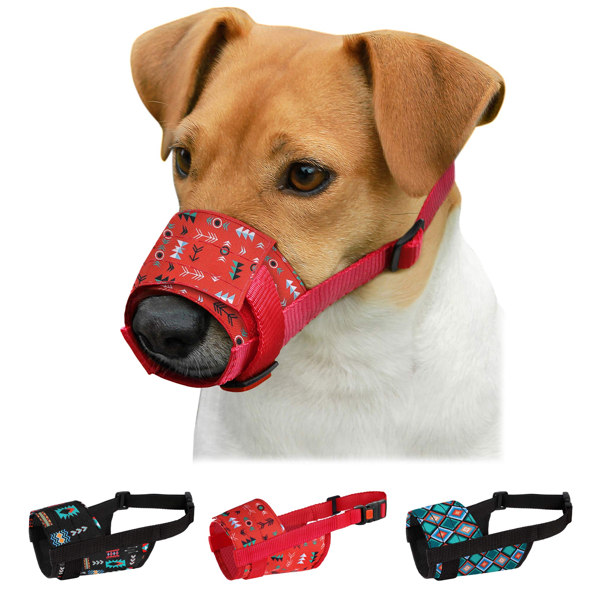 CollarDirect Dog Muzzle for Small Medium Large Dogs Soft Breathable Nylon Safety Pattern Mouth Cover Anti Biting Barking Print Pet Muzzles (Pattern 1, XS/S)