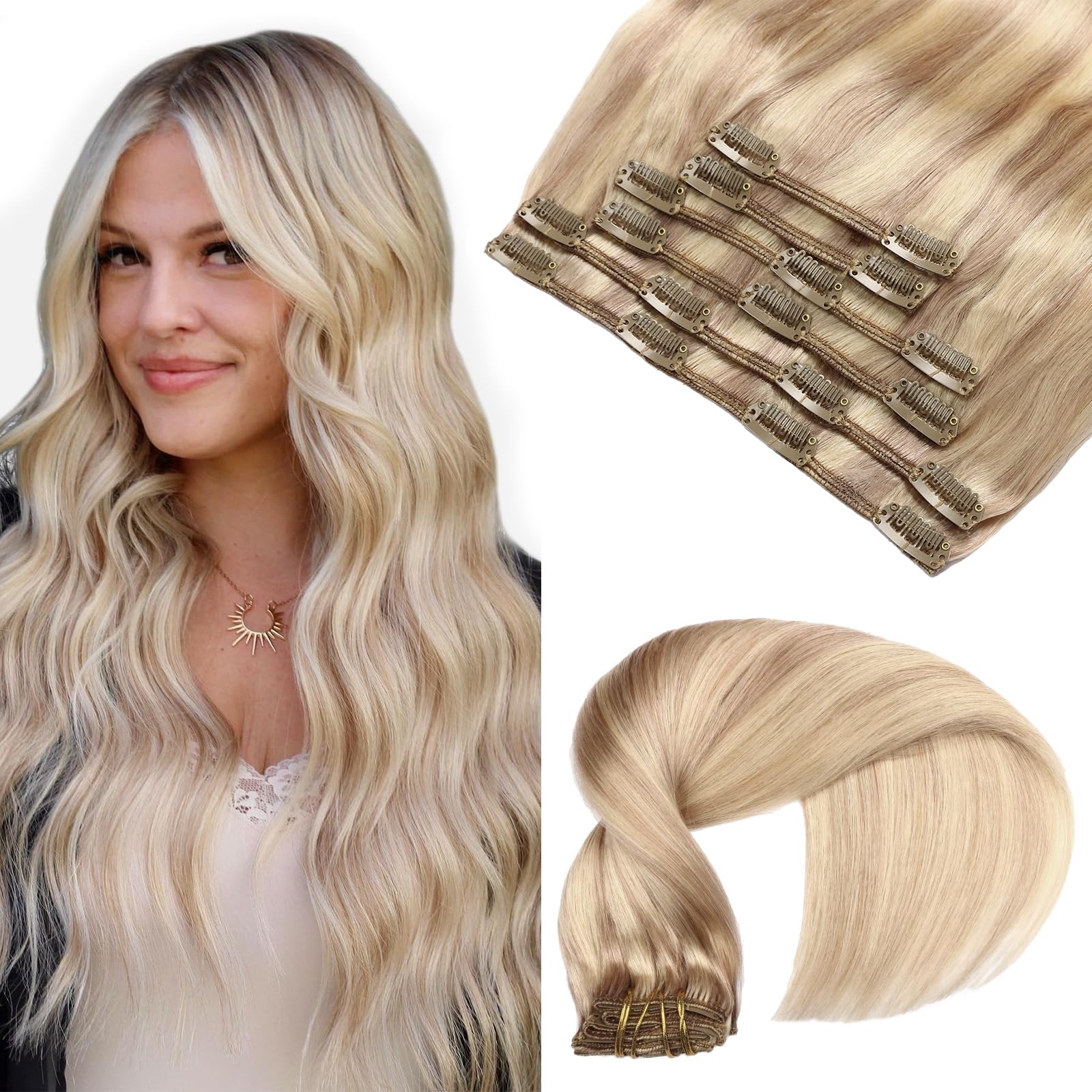 VINBAO Hair Extensions Clip ins Dirty Blonde Highlighted Bleach Blonde 120g Clip in Human Hair Remy Clip in Hair Extensions Real Human Hair Double Weft 20 Inch 6pcs (#C18P613, 20'') โ image 1