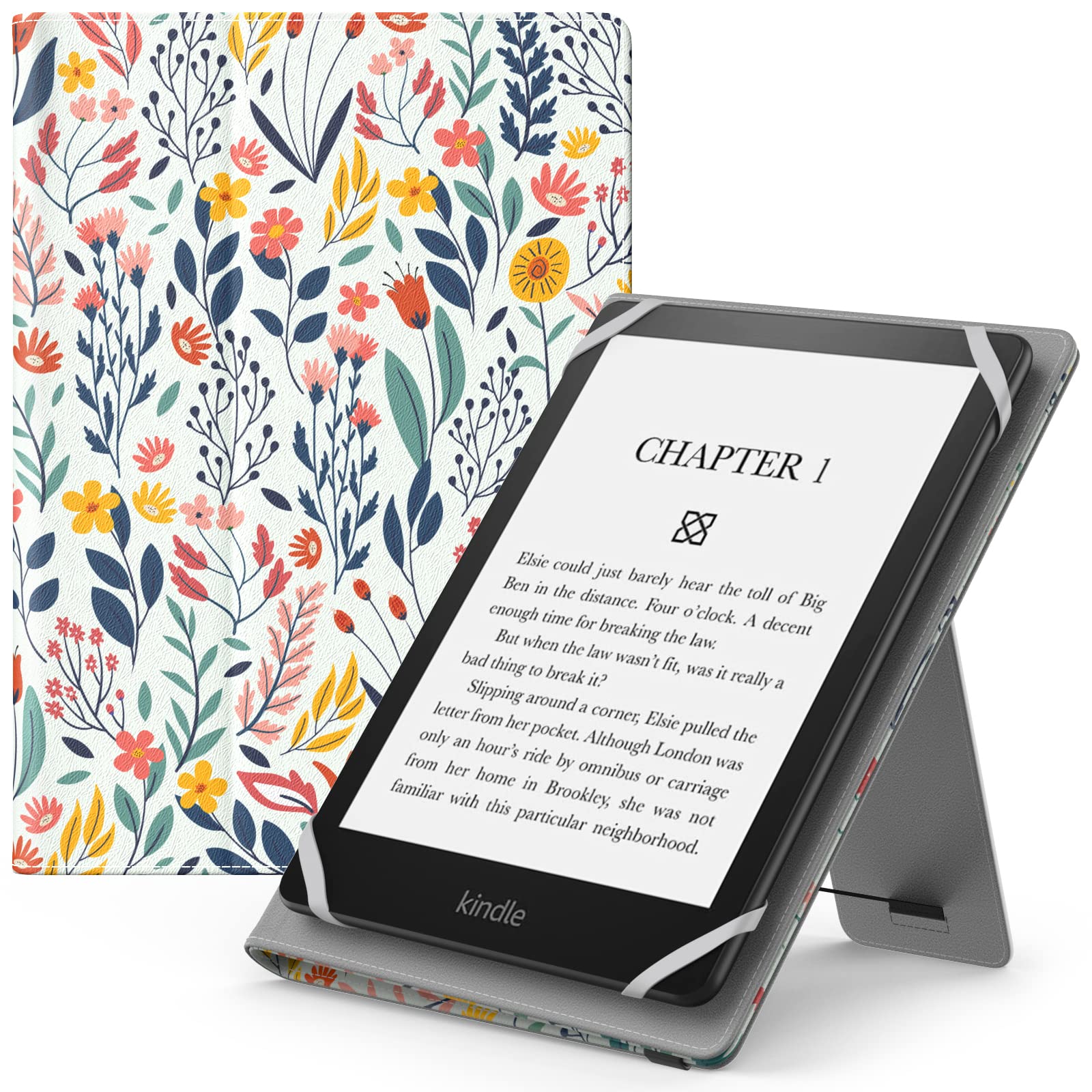 MoKo Universal Case for 6",6.8",7" Kindle eReaders - Kindle/Kobo/Voyaga/Lenovo/Sony E-Book Reader, Lightweight PU Leather Folio Shell Cover Case, with Hand Strap/Kickstand, Flowers — image 1