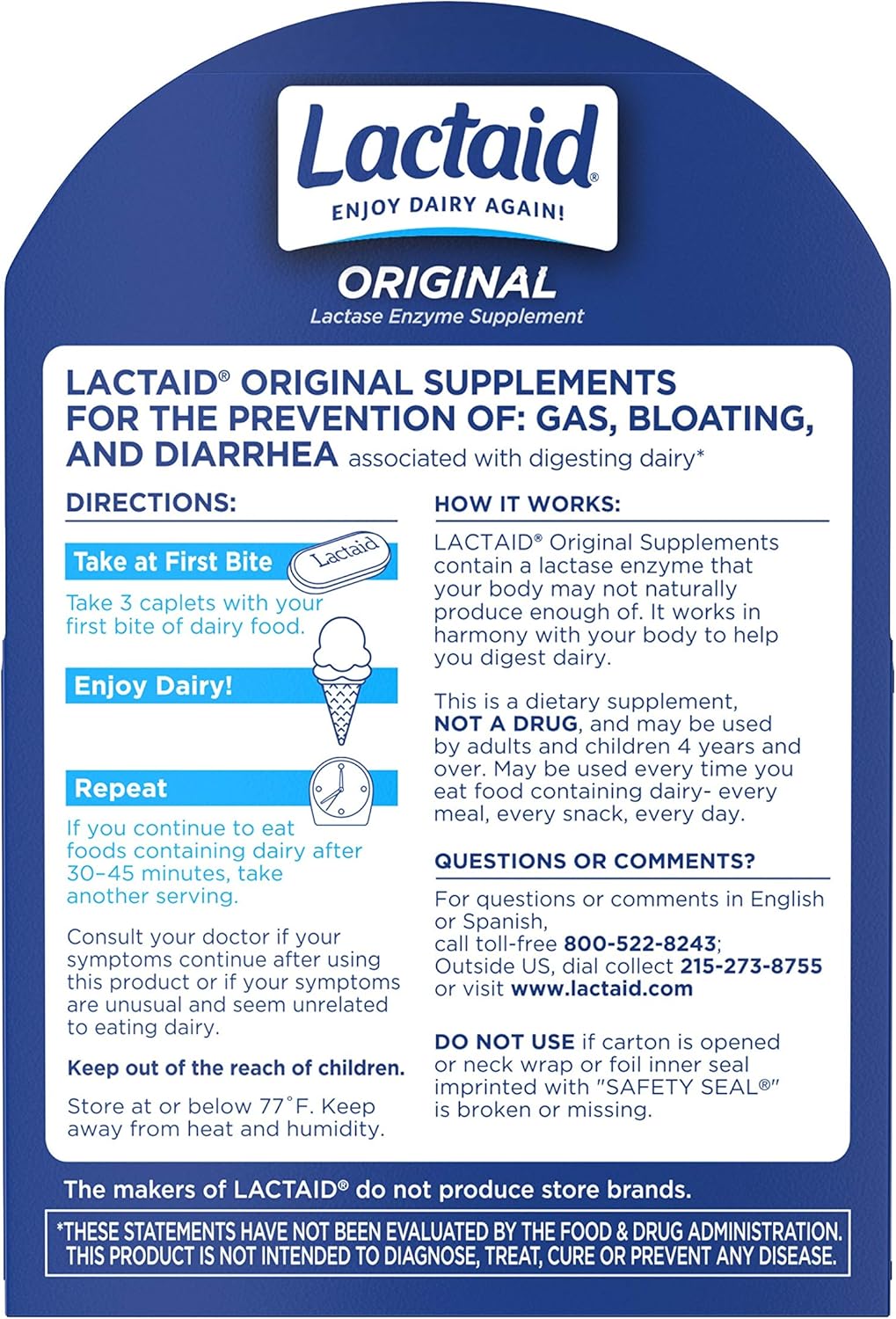 Lactaid Original Strength Lactose Intolerance Relief Caplets with Natural Lactase Enzyme, 120 ct: Health & Personal Care