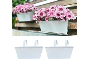 LalaGreen Hanging Planter for Rail - 2 Pack, 12 Inch White Metal Rectangle Hanging Flower Pots Deck Rail Fence Bucket Modern 