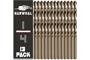 Narwhal 1/4" Cobalt Drill Bits (13 Pack - Industrial Grade M35 Cobalt) 4 Inch Length & 135 Degree Split Point for Drilling In