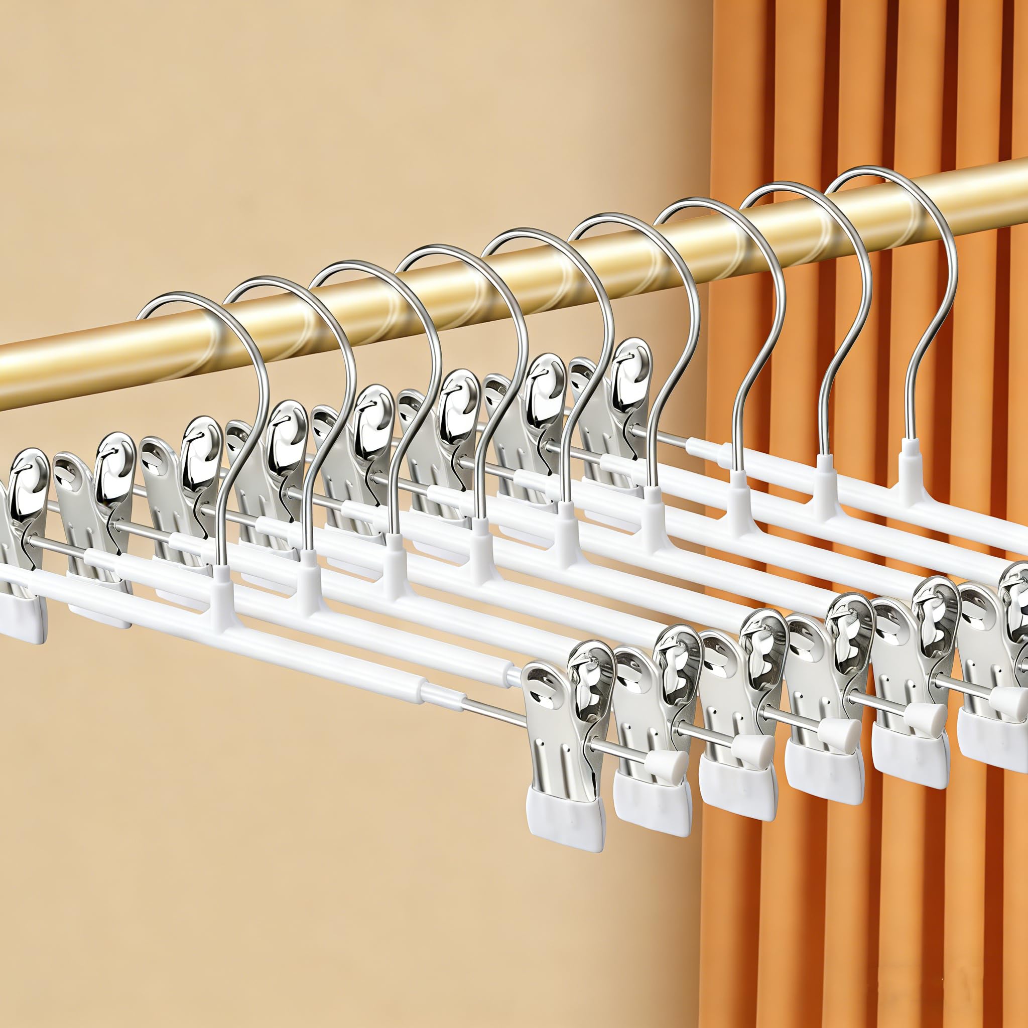 Niulab Trouser Hangers -10Pack Skirt Hangers with Adjustable Non Slip Clips Strong Chrome Clothes- Space Saving Pant Hangers (White)