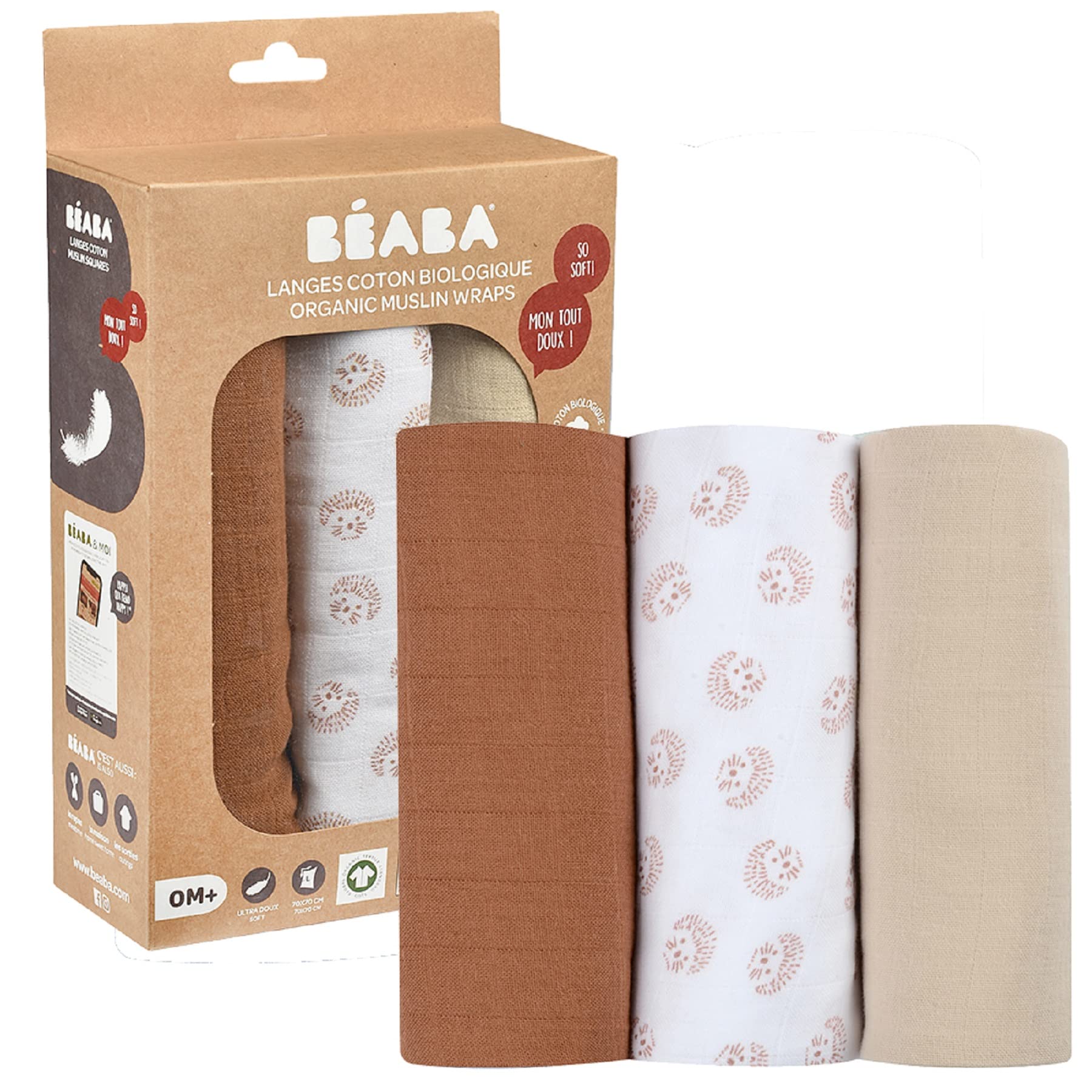 Béaba Set of 3 Baby Swaddle Cloths, Organic Cotton Muslin, Multi-Purpose: Swaddle Blanket, Bib, Travel Blanket, Comforter, Ultra Soft, Breathable, Large, 70x70, Eco-Friendly, Safe, Hedgehog Pattern