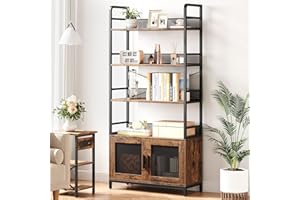 TrailBlaze Industrial Farmhouse Bookshelf with Doors – 4-Tier Tall Office Bookcase Cabinet – Rustic Open Storage Display Shel
