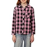 Betusline Girls' Flannel Plaid Shirt Button Down Long Sleeved Shirts