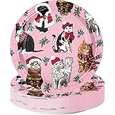 WRAPAHOLIC 25Pcs Christmas Paper Plates - 9 Inch Pink Mistletoe and Cat Disposable Plates Decorative Dinner Plates for Christmas Party Tableware Supplies Table Decor