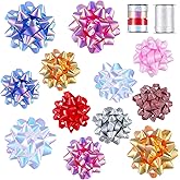 14 Pcs Gift Bows Assortment - 12 Multi Colored Assorted Size Gift Bowsand 2 Crimped Curling Ribbons, Perfect for Christmas, Holiday，Birthdays, Weddings, Baby/Bridal Showers, Party