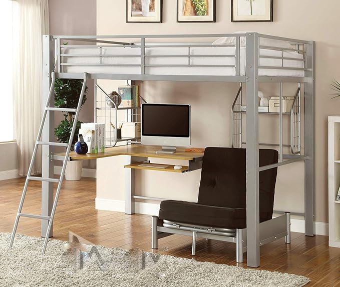 Full Size Studio Loft Bed with L Shape Desk for Kids, Teens, Adults, College