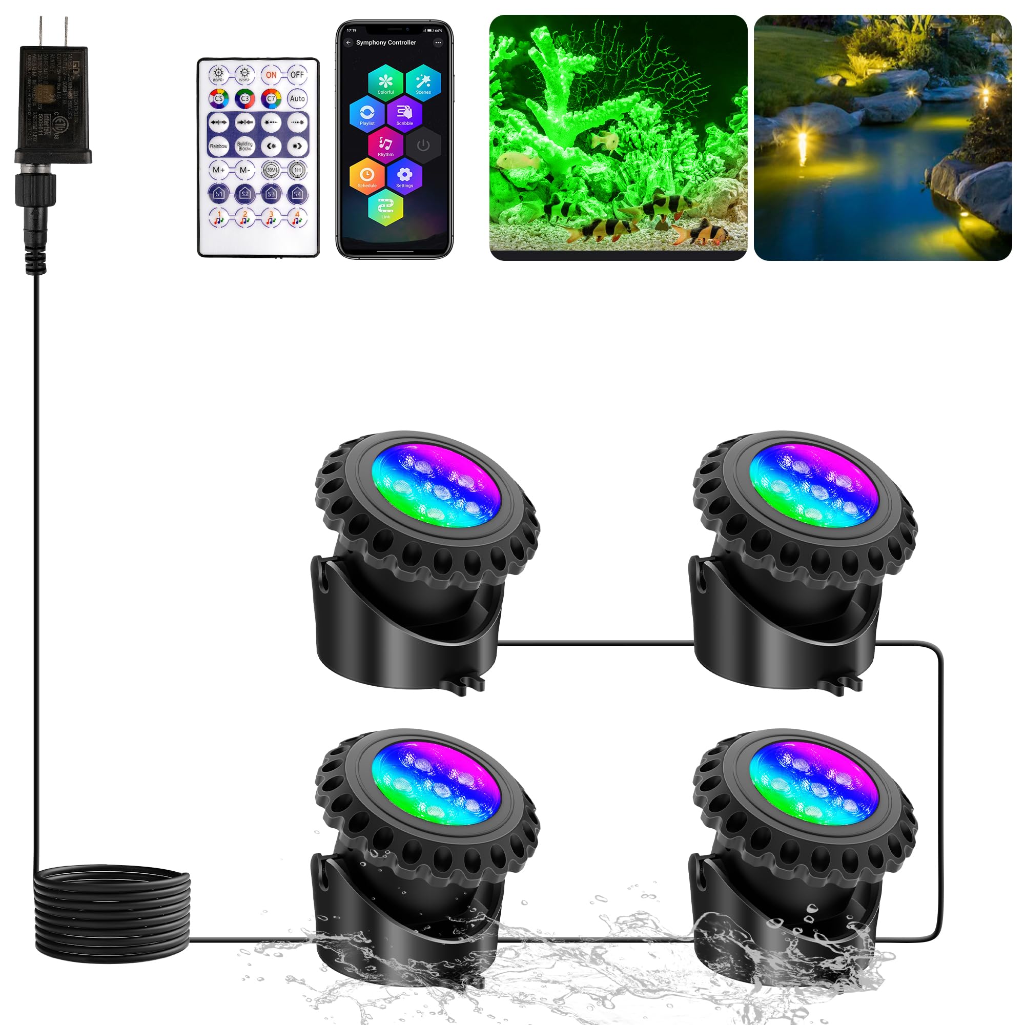 Photo 1 of T-SUN Colored Pond Lights, Bright LED Underwater Pond Light Submersible Fountain Lights APP and Remote Control,Dimmable,Timer, IP68 Waterproof Fish Tank Light for Aquarium Fountain Garden (4-Head)