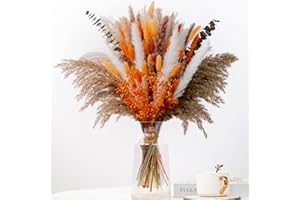 HUASHIYE 120Pcs Orange Dried Pampas Grass Bouquet, 17'' Natural Baby's Breath, Bunny Tail & Eucalyptus for Boho Home Decor, Fall Wedding Centerpiece, Christmas, Halloween