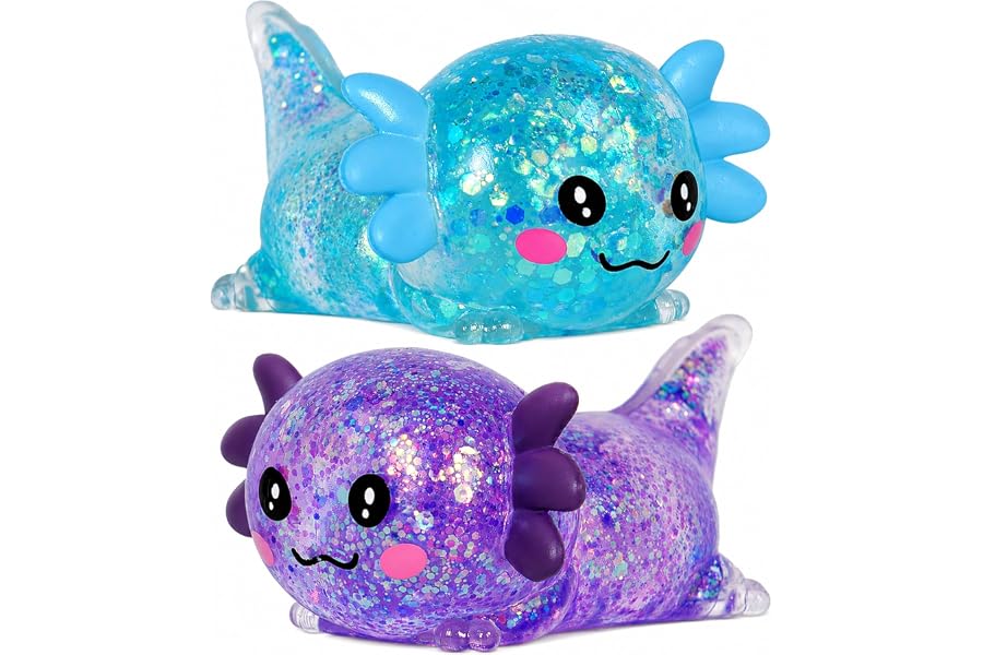 2 Packs Axolotl Squishy Toy, Glitter Fidget Toys Cute Axolotl Stress Relief Squeeze Toy Gifts for Kids Adult, Squishies Toys (pabluepurple)