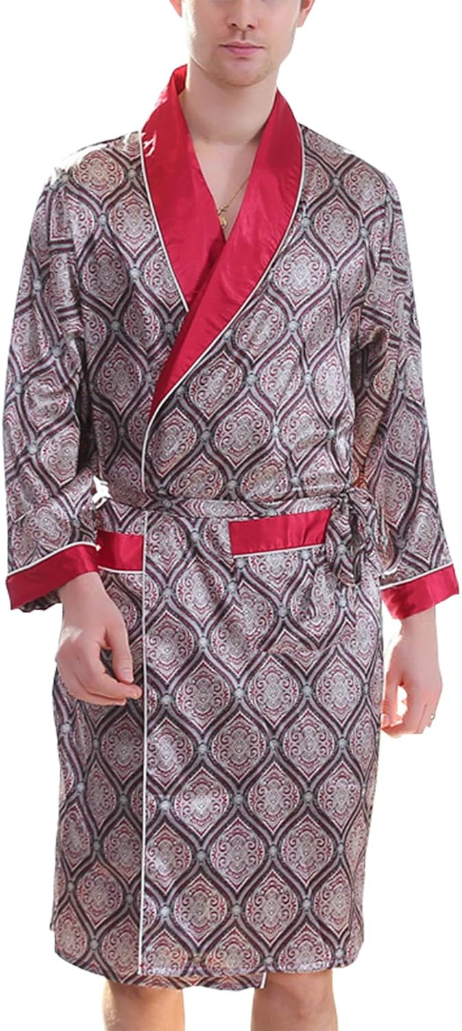 Men's Satin Robe with Shorts Silk Bath Robe Luxurious Kimono Nightgown