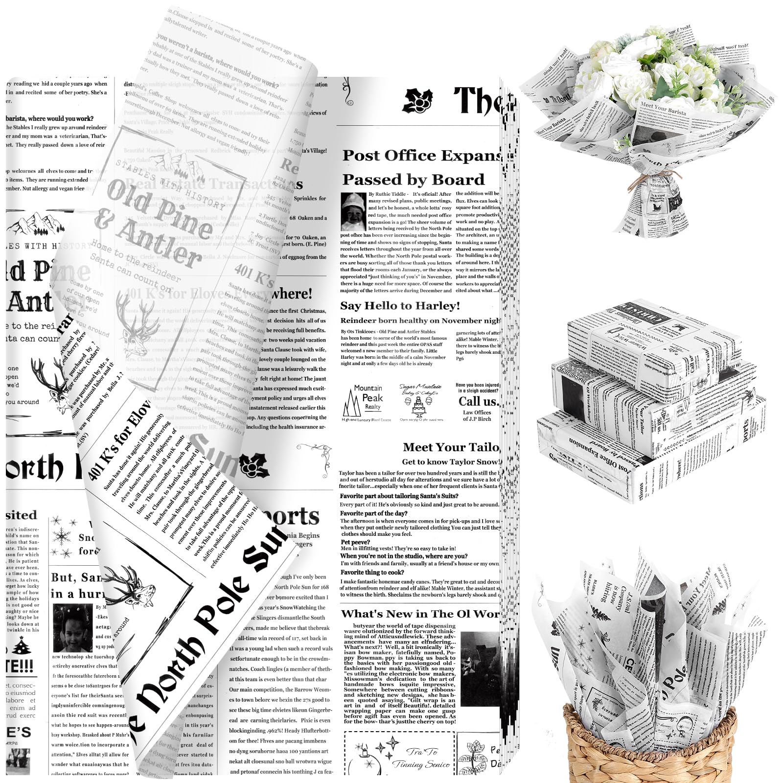 Photo 1 of 100 Sheet North Pole Newspaper Tissue Paper, Santa on Christmas Gift Wrapping Paper Sheet for Xmas Season DIY Crafts Santa's Favorite Newspaper Party Supplies, 13.8 x 19.7 Inch
