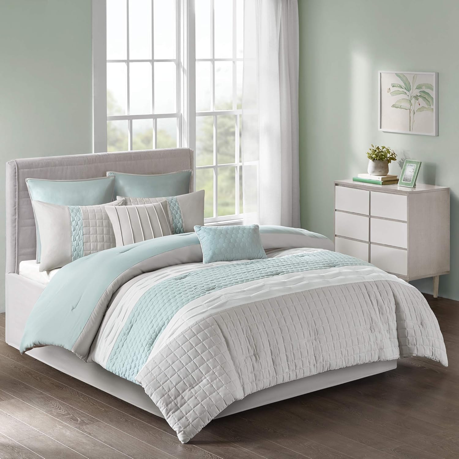 510 Design Tinsley 8 Piece Ultra Soft Quilted Comforter Set Bedding, King Size, Seafoam/Grey