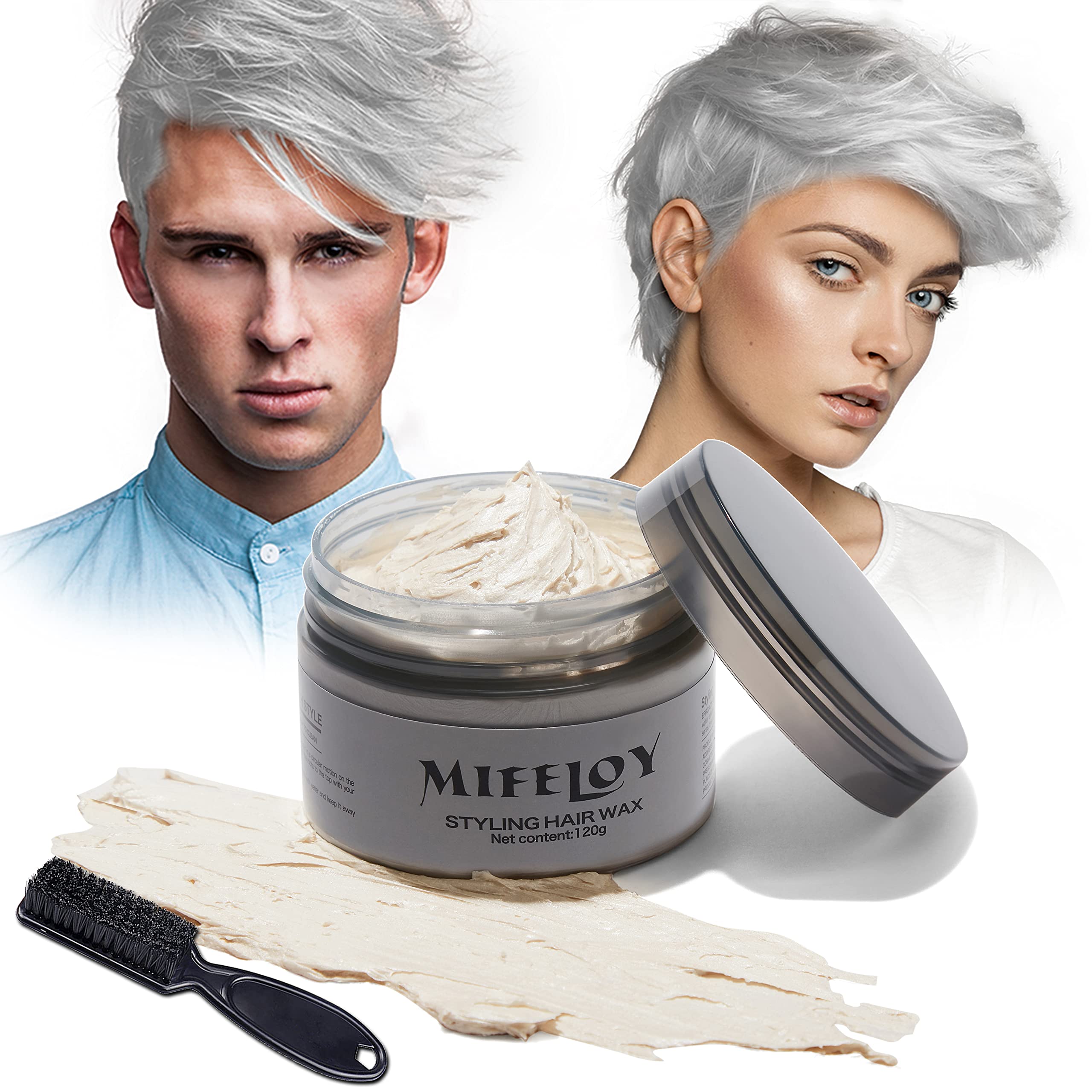 120g Temporary Silver White Hair Color Wax with Dye Brush, Instant Natural Hairstyle Cream, Disposable Coloring Mud for Men Women, Washable Styling Pomades for Party Cosplay DIY Halloween