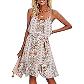 PRETTYGARDEN Women's Summer Mini Sundress Casual Spaghetti Strap Dresses Floral Sleeveless Ruffle Short Dress with Belt