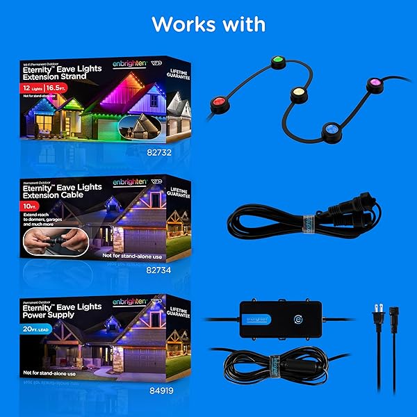 ENBRIGHTEN VIBE ETERNITY PERMANENT OUTDOOR LIGHTS FOR HOUSE, 50FT, 36 RGBWIC LEDS, CLOSE SPACING, 33LM, COLOR CHANGING, CHRISTMAS, EAVE LIGHTING, SMART APP, WORKS WITH ALEXA, GOOGLE HOME, 82730
