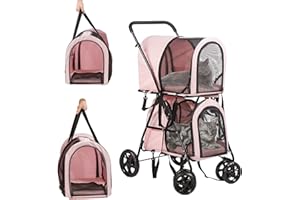 Vilobos Double Pet Stroller with 2 Detachable Carrier Bags, Foldable Cat Stroller w/Lockable Wheels, Safety Belt, Portable Double Cat Stroller on for Small Medium Dogs Cats, Pink