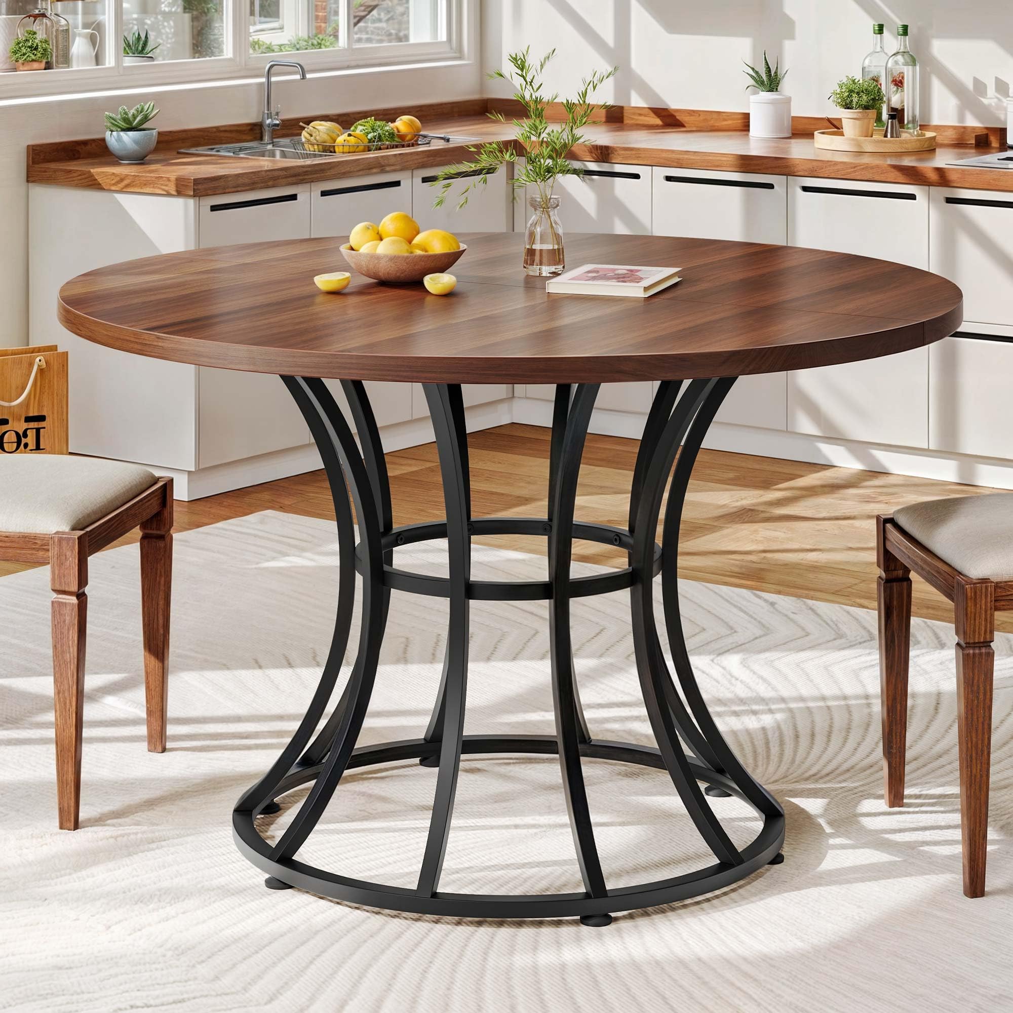 Photo 1 of ***It is used, it is missing a piece and it is not known if it works at 100%.****DWVO Round Dining Table for 4-6 People 45.27 Inch Large Circle Kitchen Table Farmhouse Dinner Table with Heavy Duty Metal Base for Kitchen Home Apartment, Brown
