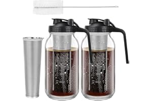 2 Pack Cold Brew Coffee Maker Mason Jar, 64 oz Iced Brew Coffee Maker Glass with Stainless Steel Filter Glass Pitcher with Li