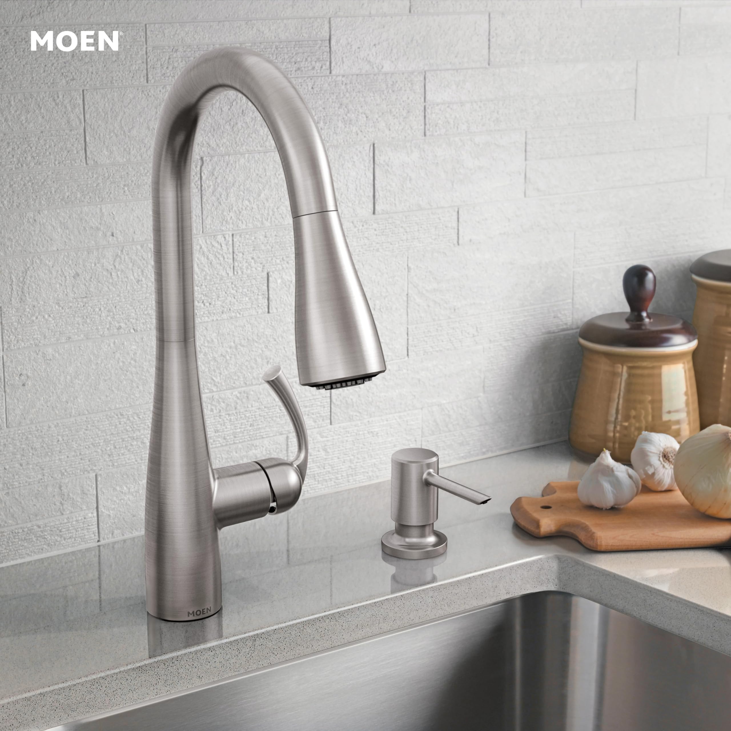 Moen Essie Spot Resist Stainless Pulldown Sprayer Kitchen Sink Faucet Set with Modern Pump Soap Dispenser, 87014SRS
