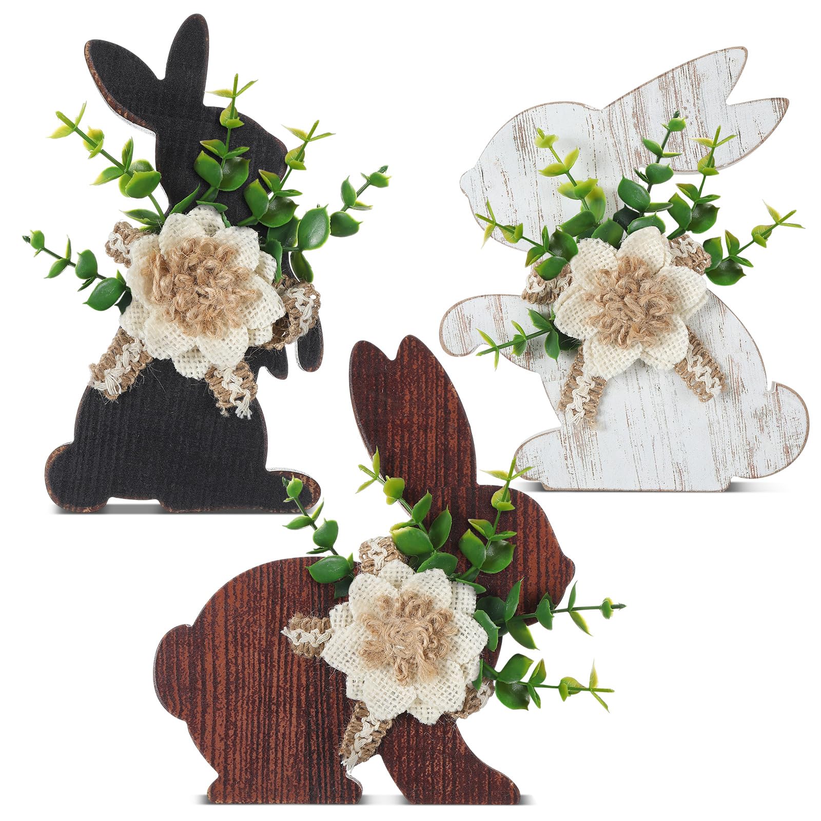 Yousoontic 3 Pcs Easter Table Decorations Farmhouse Bunny Decor for Home Wooden Tiered Tray Decor Table Centerpiece Rustic Spring Easter Bunny Decors Sign with Flower for Tabletop Mantel(Side)