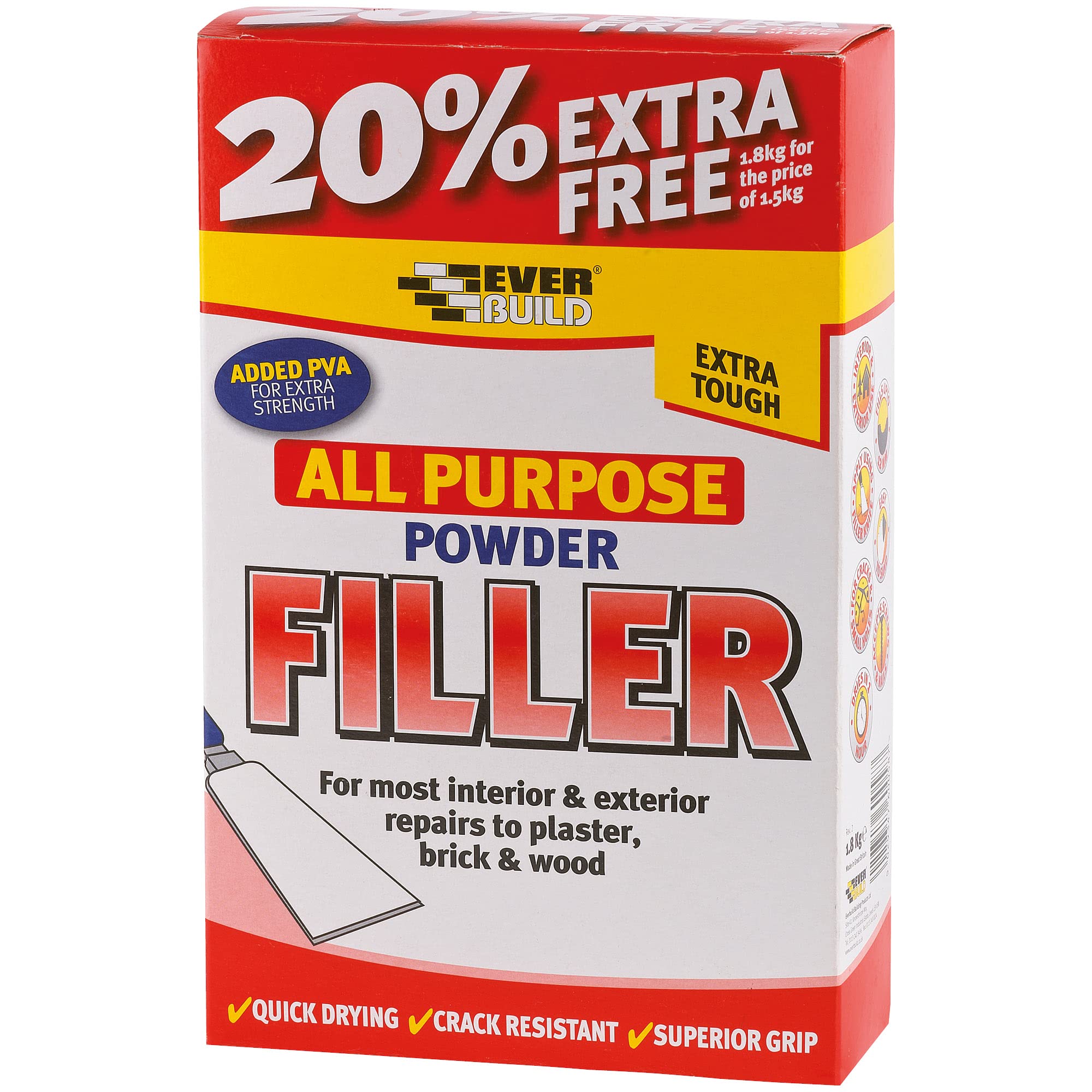 Everbuild All Purpose Powder Filler – Suitable for Interior and Exterior Use – Quick Drying – White – 1.8 kg (1.5kg + 300g Free)