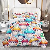 OUIXOTIC Mushroom Comforter Set Twin Size,Colorful Cartoon Sparkle Natural Wild Fungus Comforter for Boys Girls, Cute Red Blue Mushroom Bedroom Decor 3Pieces