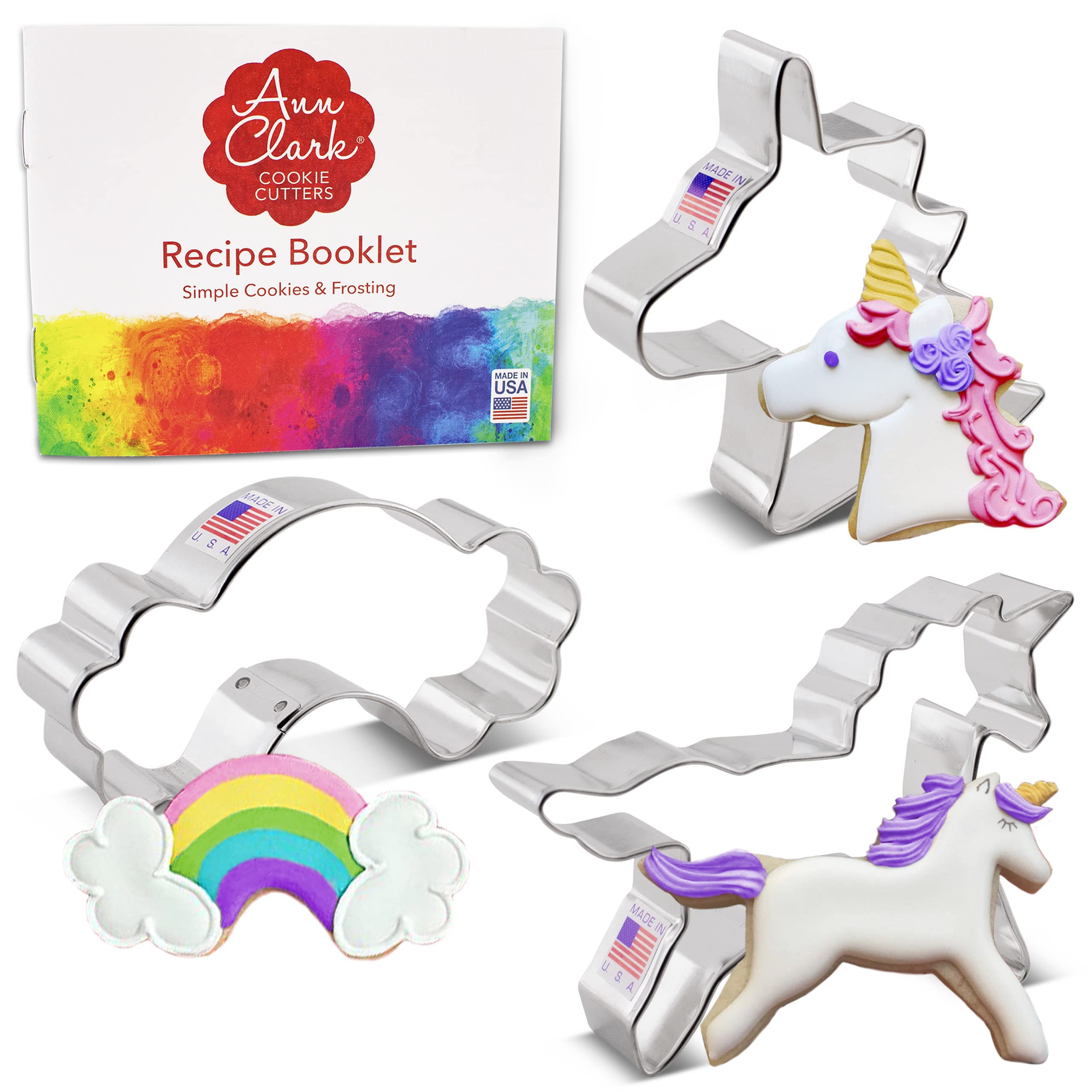 Ann Clark Unicorn Cookie Cutters 3-Pc. Set - Made in USA - Unicorn Head, Rainbow