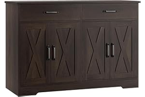 HOSTACK Buffet Cabinet with Storage, 47.2" Kitchen Sideboard Buffet with Drawers, Modern Farmhouse Coffee Bar Station with Shelves, Barn Doors Storage Cabinet for Living Room, Dark Brown