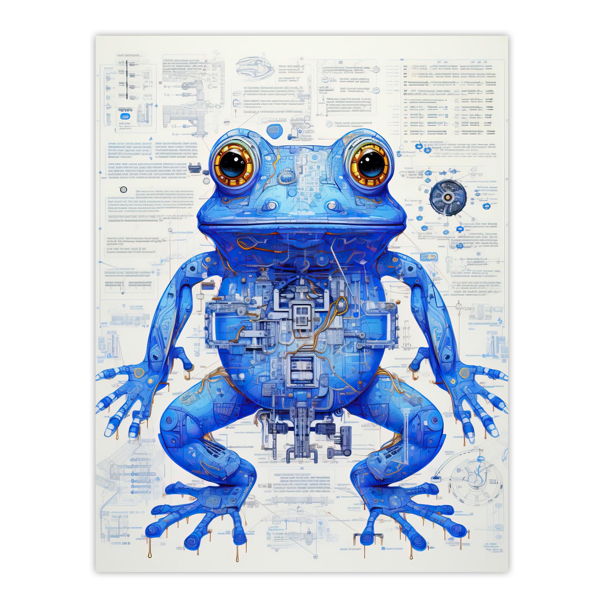 Artery8 Blue Frog Robot Hybrid Schematic Blueprint Futuristic Secret Complex Arcane Manuscript Gift For Him Man Cave Extra Large XL Wall Art Poster Print