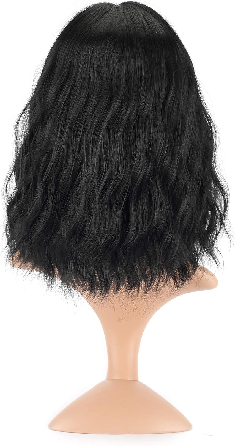 FAELBATY Short Black Wig With Air Bangs Shoulder Length Curly Wavy Synthetic Cosplay Bob Wig for Girl Costume Wigs (14" Black Color) - Image 5