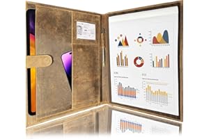 Leather A4 Conference Folder | Professional Organizer for Men and Women | Handmade Durable Leather Portfolio with Sleeves for Documents and Notepad by Rustic Town (Brown)