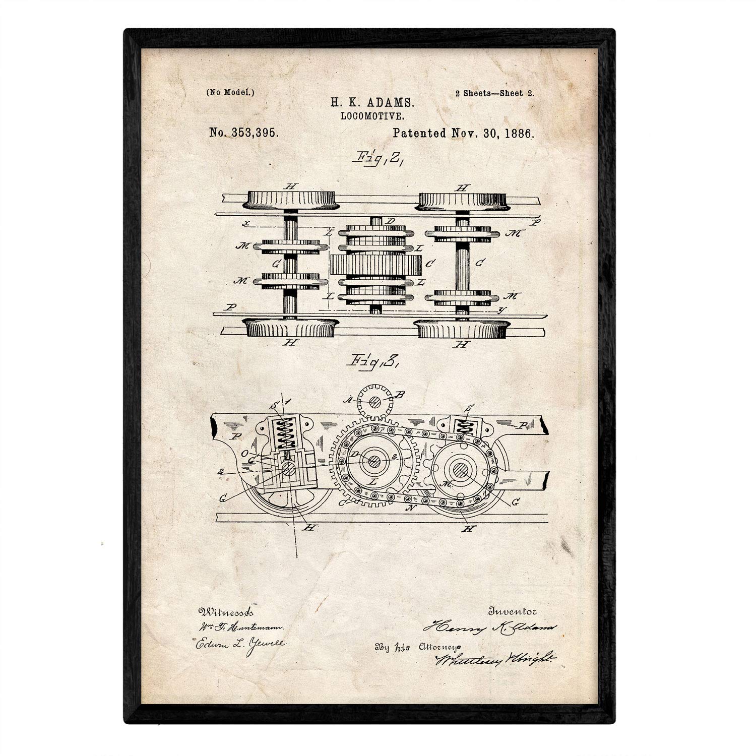 Nacnic patent Poster Locomotive 3. Foil with old design patent in A3 size and vintage background