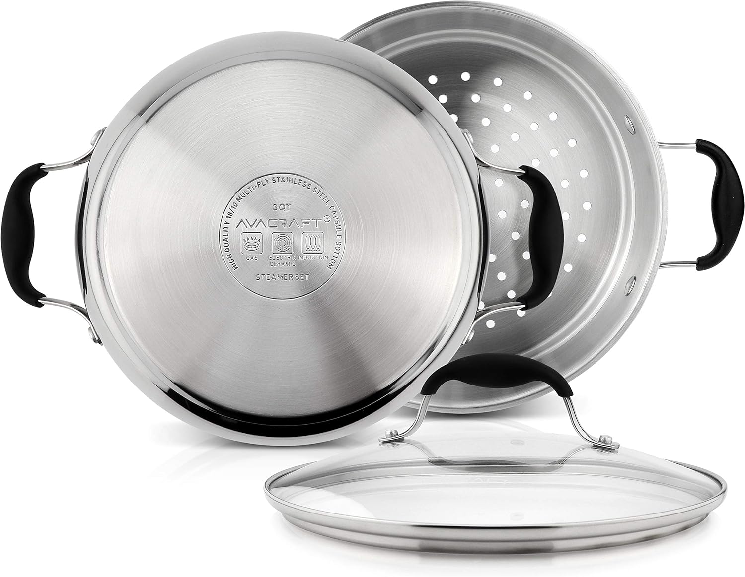 AVACRAFT 18/10, 3 Piece Stainless Steel Steamer Cooking Pot Set, Steamer for Cooking, Everyday Pan, Steamer Pan Set, with Glass Lid, Induction Cooktop Pan: Kitchen & Dining