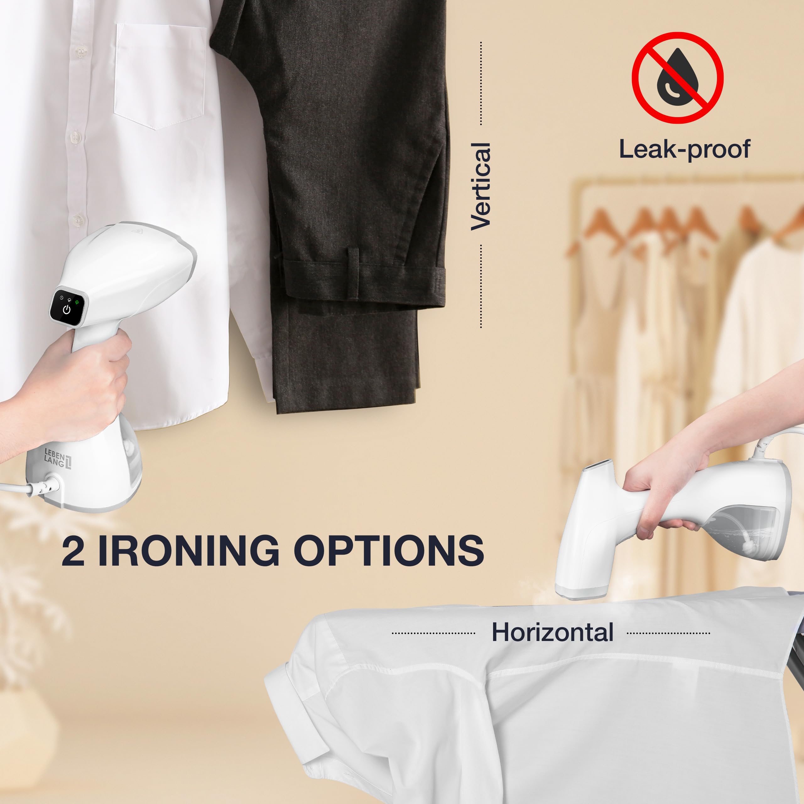 LEBENLANG Portable steamer for clothes - 1500W & 10 oz incl. ironing glove & attachments I Clothing steamer handheld I Travel garment steamers Plancha a vapor para ropa Planchas de vaporizador Fabric