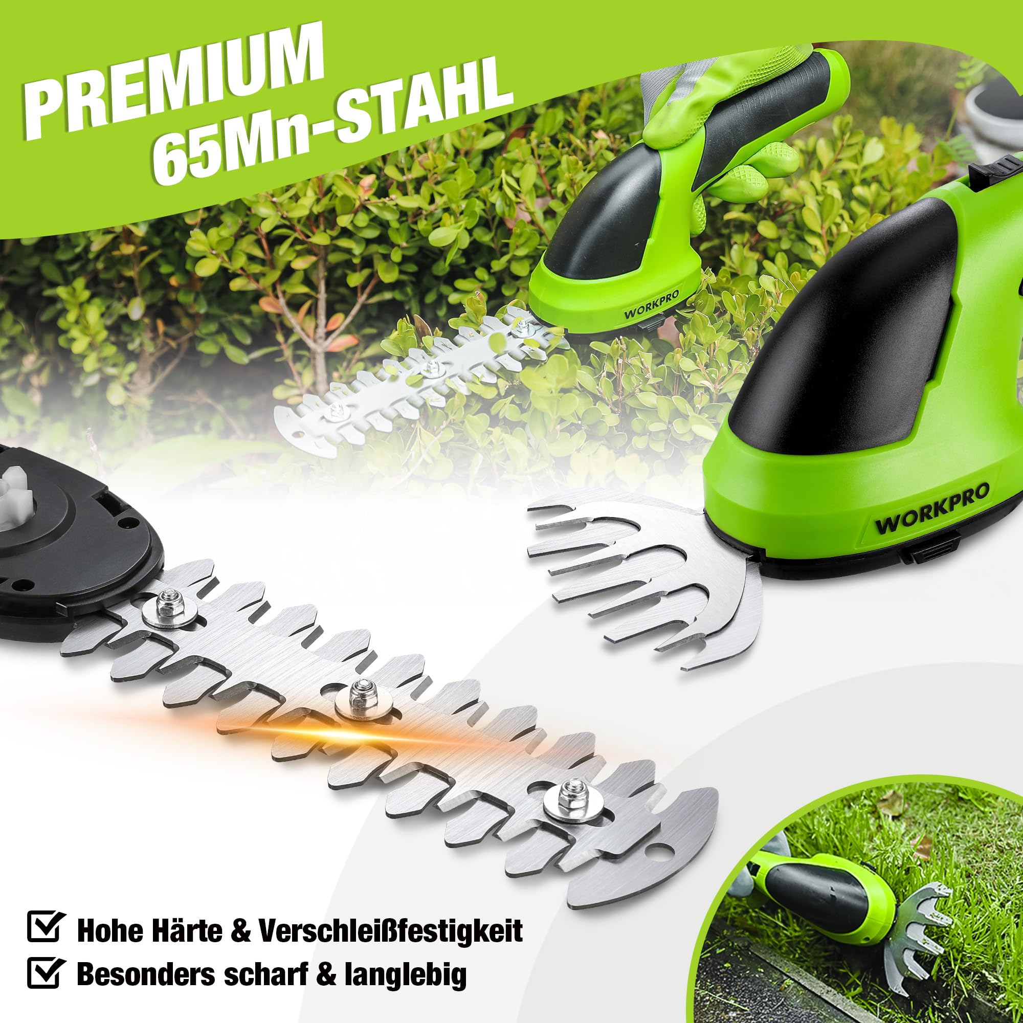 WORKPRO Gartenschere Akku 7,2V Grün, Handliche Grasschere Elektrisch 5