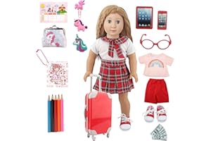 AugFrog Doll School Supplies Set for 18-Inch Girl Dolls, 18" American Doll School Stuff Accessories, Includes Doll Luggage, Plaid Uniform, Digital Kit, Pencil Eraser Purse, Gift for Preschool Kids