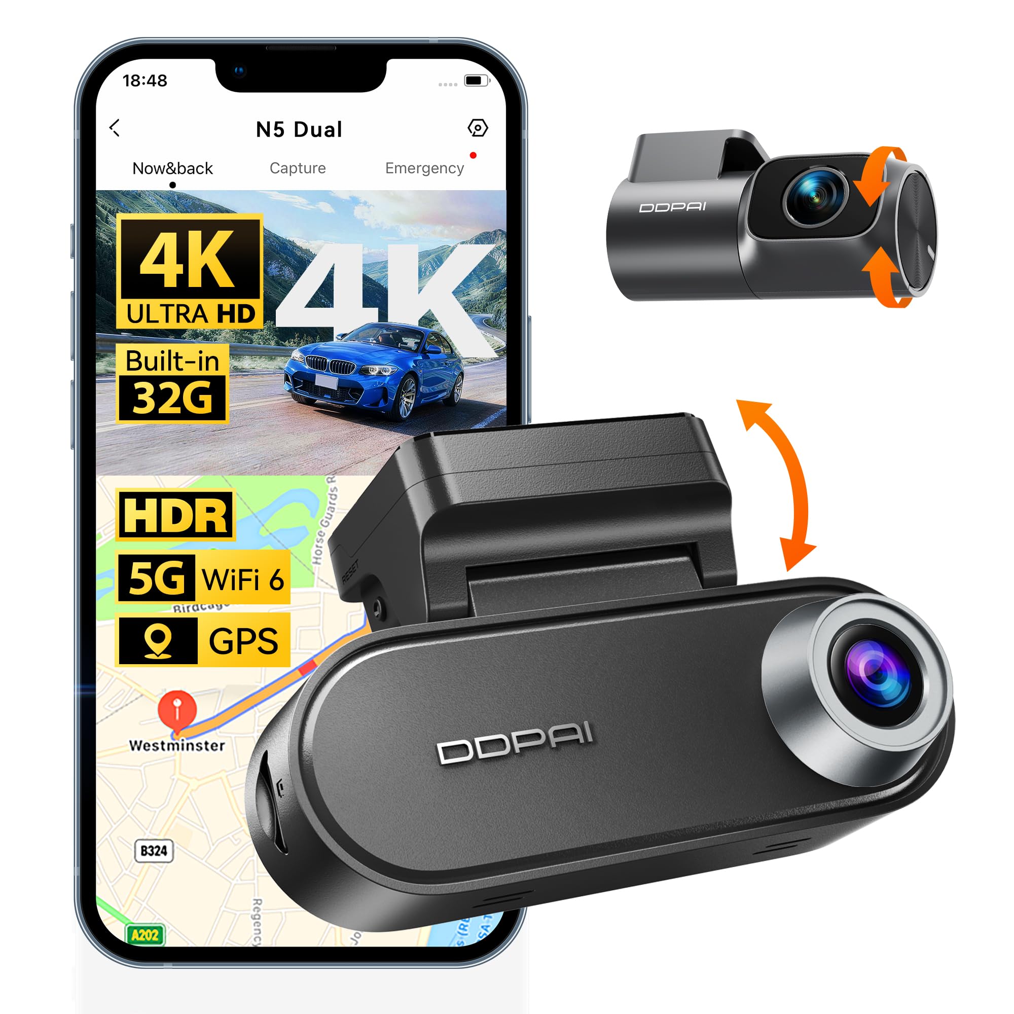 Photo 1 of DDPAI 4K Dash Cam Front and Rear, 2160P+1080P Car Dash Camera, GPS 5G WiFi Dashcam for Cars, Free eMMC 32G Dual Storage Support 512G,Radar Motion Detection,Night Vision,72 Hour Parking Mode, N5 Dual