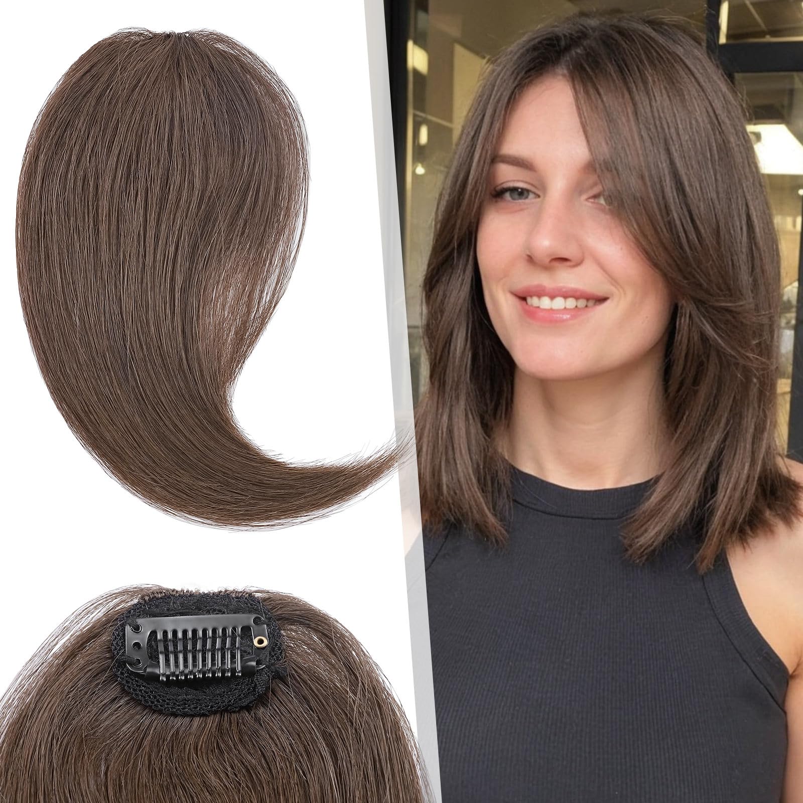 Photo 1 of Hairro Clip in Wave Side Bangs Extensions, 100% Human Hair 2 PCS Clip on Middle Part French Bangs Thin Sides Swept Fringe Hairpieces