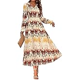 MASCOMODA Womens 2025 Fall Long Sleeve Floral Maxi Dress Casual Smocked V Neck Boho A Line Flowy Long Wedding Guest Dresses