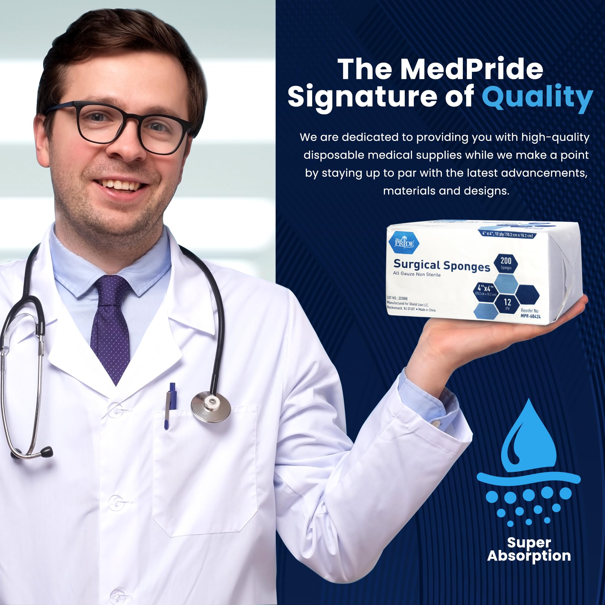 MED PRIDE 4”x 4” Gauze, 200 Surgical Sponges 12-ply Extra Absorbent | All-Gauze, Non-Sterile| Great for Wound Dressing, Prepping, Scrubbing & Cleaning| Essential First-Aid