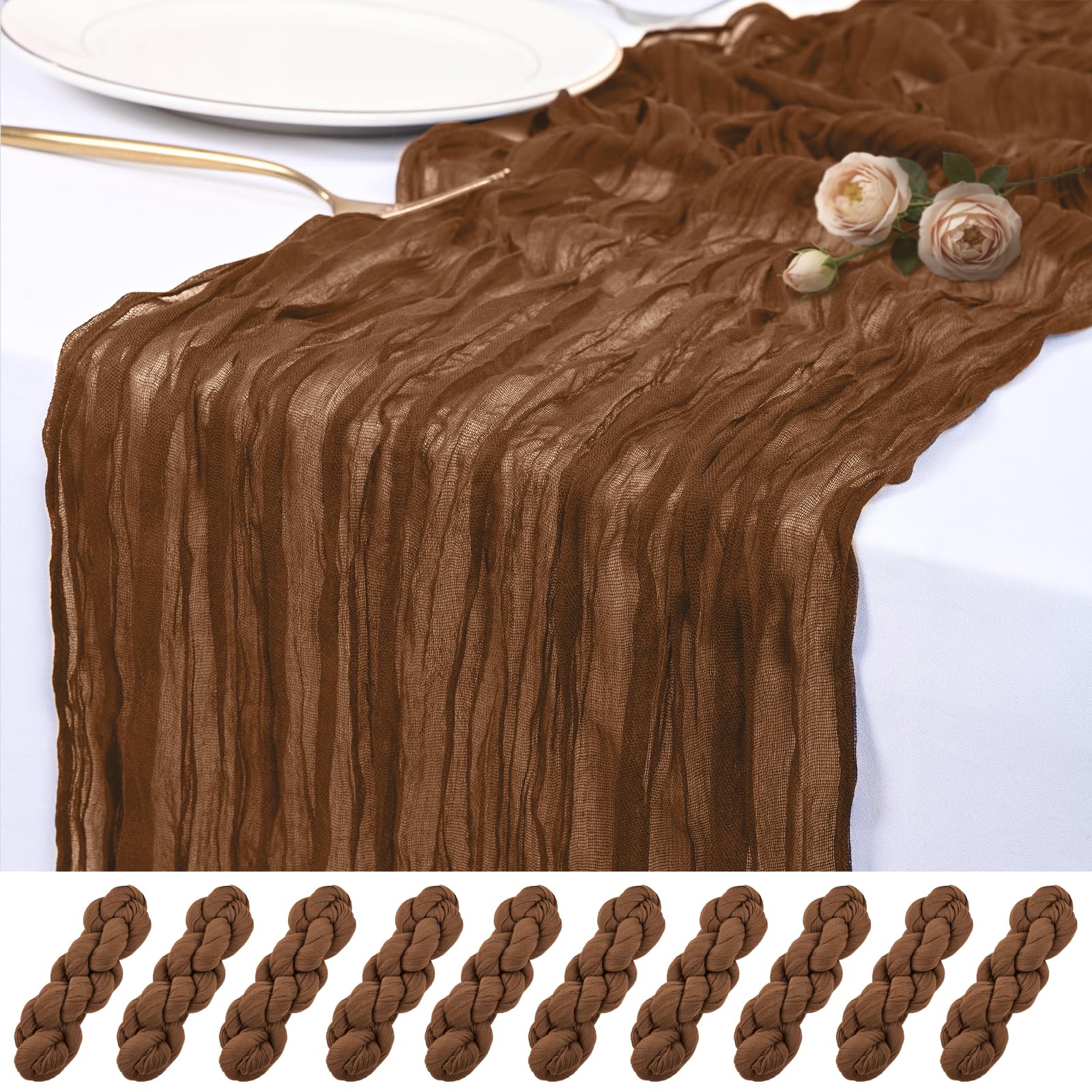 Photo 1 of 10 Pack Brown Cheesecloth Table Runner 17x108 Inch Semi Sheer Boho Rustic Gauze Cheese Cloth Table Runners for Wedding Party Birthday Baby Shower Home Décor