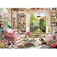 Tea Time Cabin Puzzle 1000 Piece for Adults, Book Cozytime Garden Jigsaw Puzzles, Dog Plant Puzzle