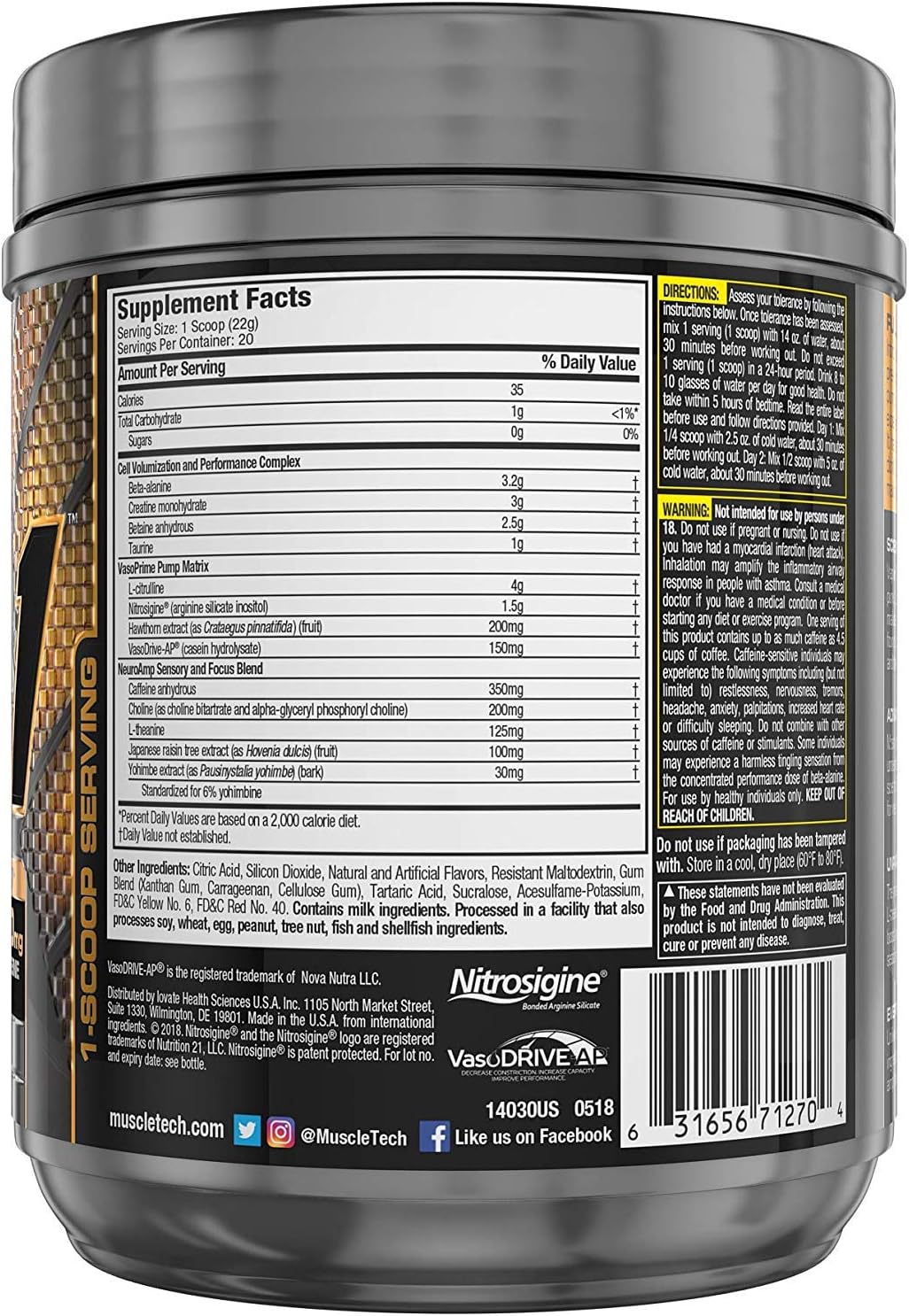 Muscletech Vapor One Pre Workout Powder, One Scoop Formula with Betaine HCL, Creatine and Beta Alanine to Boost Energy & Amplify Muscle Building, Rainbow Fruit Candy, 20 Servings (14.8oz): Health & Personal Care