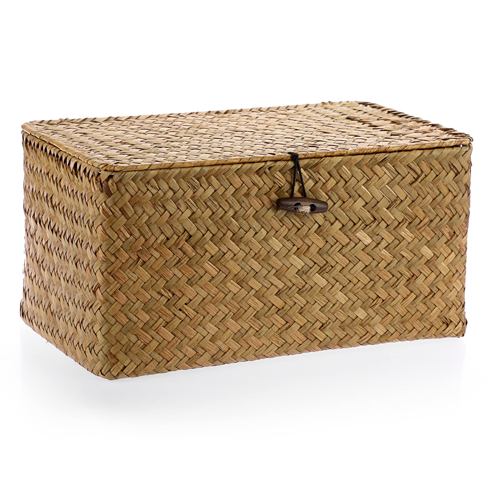 IGNPION Seagrass Storage Basket with Lid Woven Seagrass Rectangular Bathroom Storage Organiser Box, Shelves & Desks Decorative Multipurpose storage Hamper (Caramel)