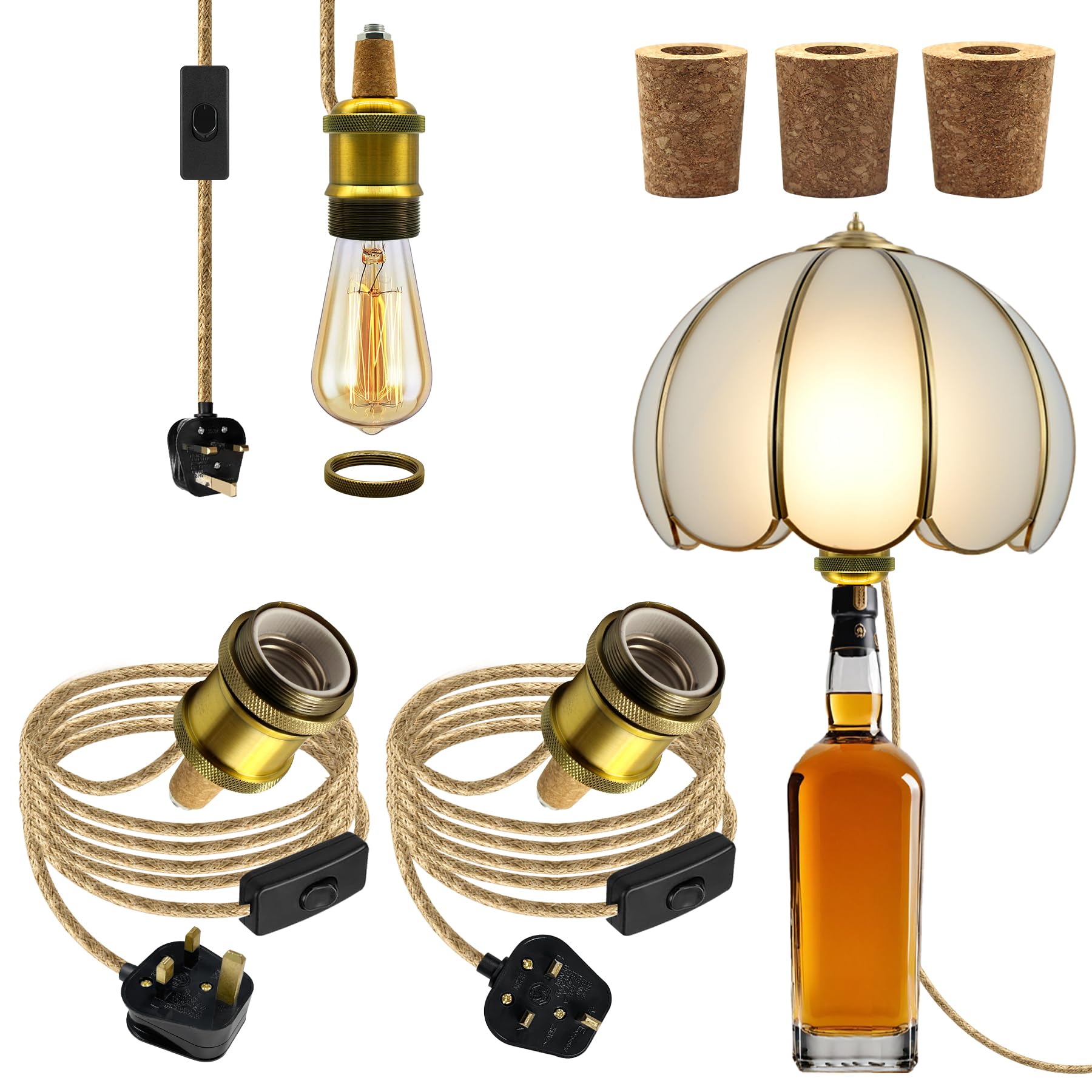 DIY Bottle Lamp Kits, 2Pcs Lamp Kits for Do It Yourself, 8Ft Gold Bottle Lamp Adaptor Kit E27 Light Bulb Holder Brass Wine Bottle Table Lamp, Rope Lights with Ceramic Lamp Socket, 3 Types of Bung